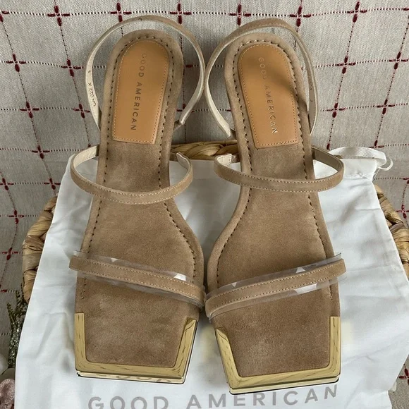 Good American Suede Strappy Heels Gold Square Toe Sz 9 Light Brown Leather New - Picture 3 of 8